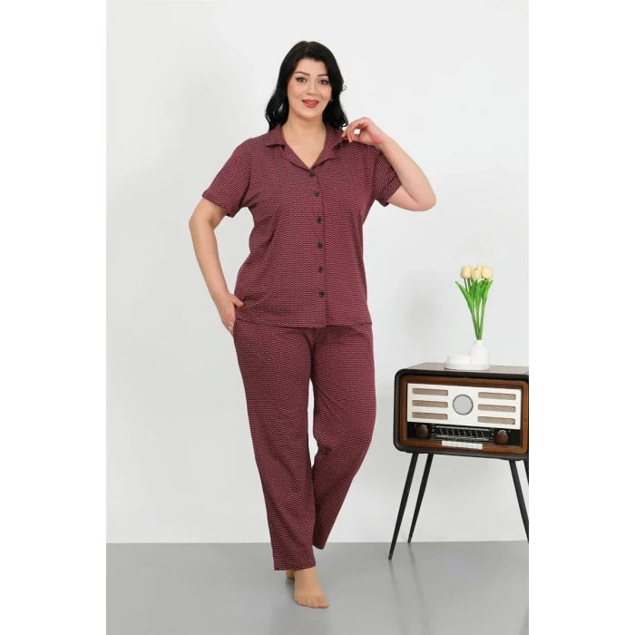 Giyim Kadın Büyük Beden Pamuklu Cepli Düğmeli Mor Pijama Takım