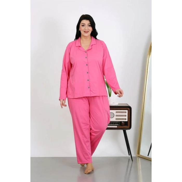 Giyim Kadın Büyük Beden Pamuklu Cepli Düğmeli Pembe Pijama Takım