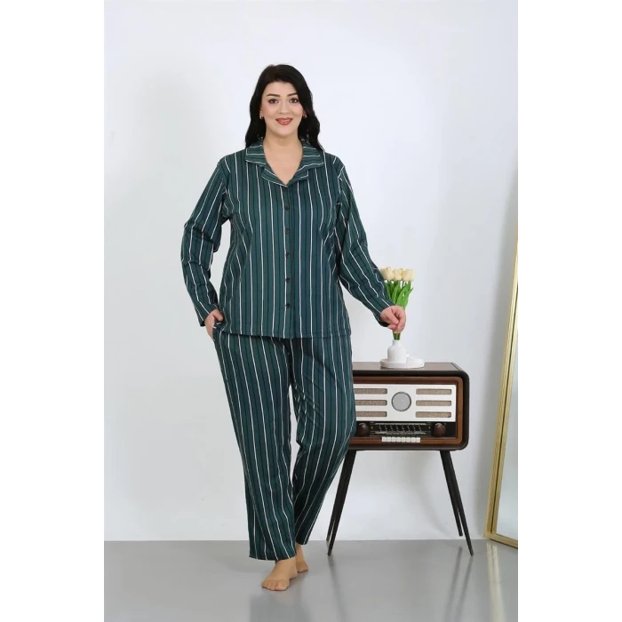 Giyim Kadın Büyük Beden Pamuklu Cepli Düğmeli Petrol Pijama Takım