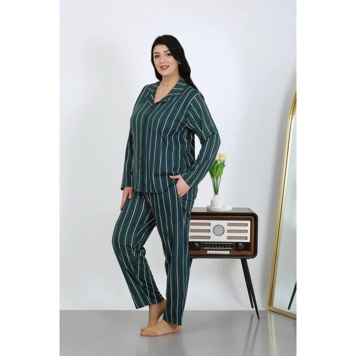 Giyim Kadın Büyük Beden Pamuklu Cepli Düğmeli Petrol Pijama Takım