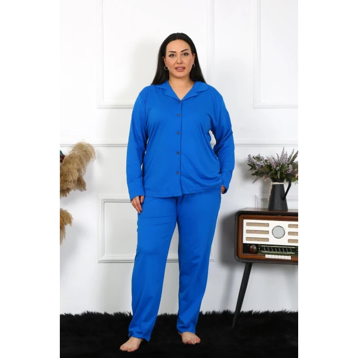 Giyim Kadın Büyük Beden Pamuklu Cepli Düğmeli Saks Pijama Takım