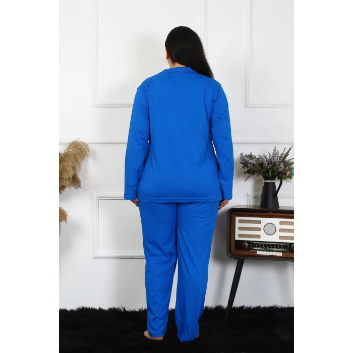 Giyim Kadın Büyük Beden Pamuklu Cepli Düğmeli Saks Pijama Takım