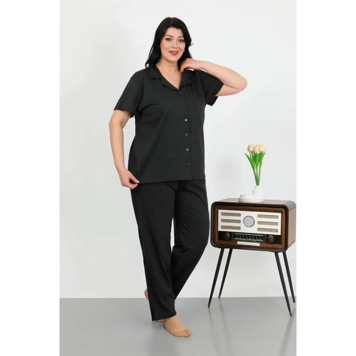 Giyim Kadın Büyük Beden Pamuklu Cepli Düğmeli Siyah Pijama Takım
