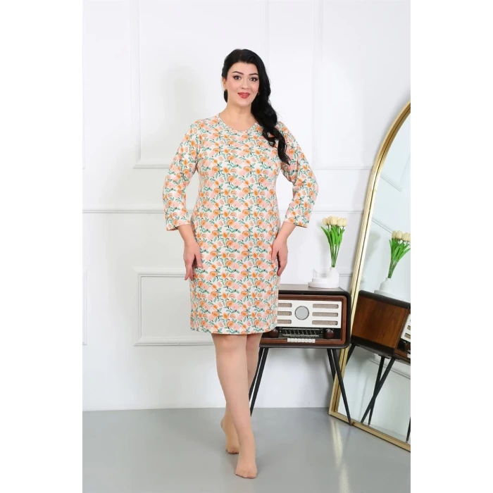 Giyim Kadın Büyük Beden Penye Gecelik Ev Elbisesi Krem