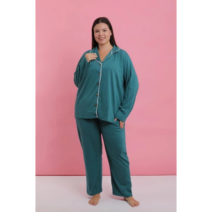 Giyim Kadın Büyük Beden Petrol Rengi Düğmeli Pijama Takımı