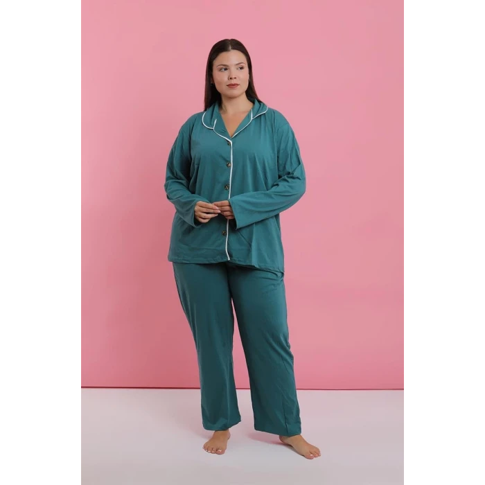 Giyim Kadın Büyük Beden Petrol Rengi Düğmeli Pijama Takımı
