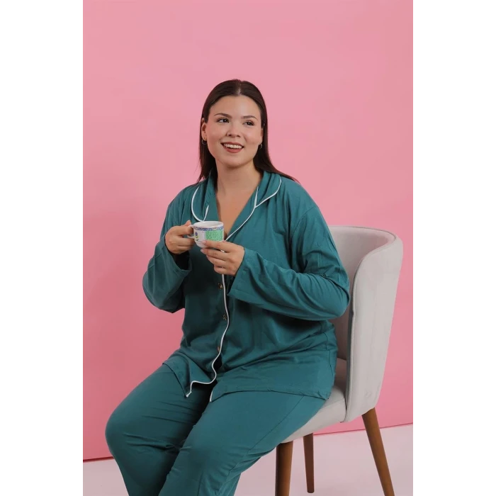Giyim Kadın Büyük Beden Petrol Rengi Düğmeli Pijama Takımı