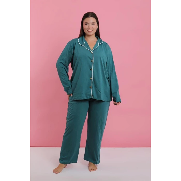Giyim Kadın Büyük Beden Petrol Rengi Düğmeli Pijama Takımı