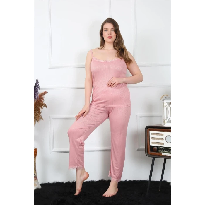 Giyim Kadın Büyük Beden Pudra İp Askılı Pijama Takım