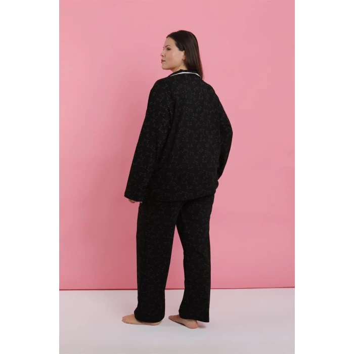 Giyim Kadın Büyük Beden Siyah Beyaz Biyeli Desenli Düğmeli Pijama Takımı