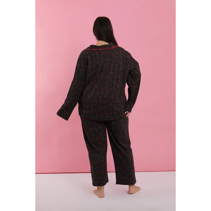 Giyim Kadın Büyük Beden Siyah Kırmızı Çiçekli Düğmeli Pijama Takımı