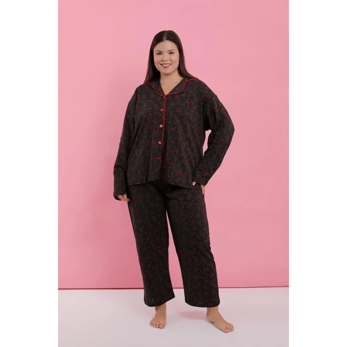 Giyim Kadın Büyük Beden Siyah Kırmızı Çiçekli Düğmeli Pijama Takımı
