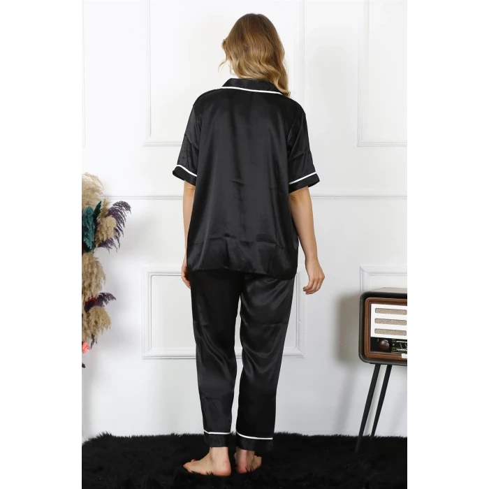 Giyim Kadın Büyük Beden Siyah Saten Pijama Takımı