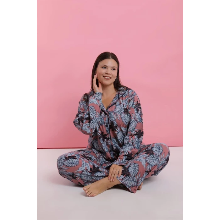 Giyim Kadın Büyük Beden Somon Yaprak Desenli Düğmeli Pijama Takımı