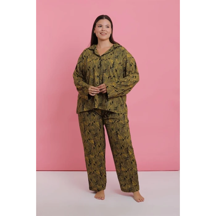 Giyim Kadın Büyük Beden Tropikal Yaprak Desenli Düğmeli Pijama Takımı