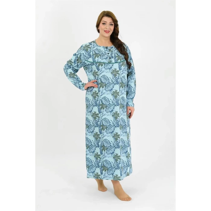 Giyim Kadın Büyük Beden Uzun Kol Mavi Anne Gecelik