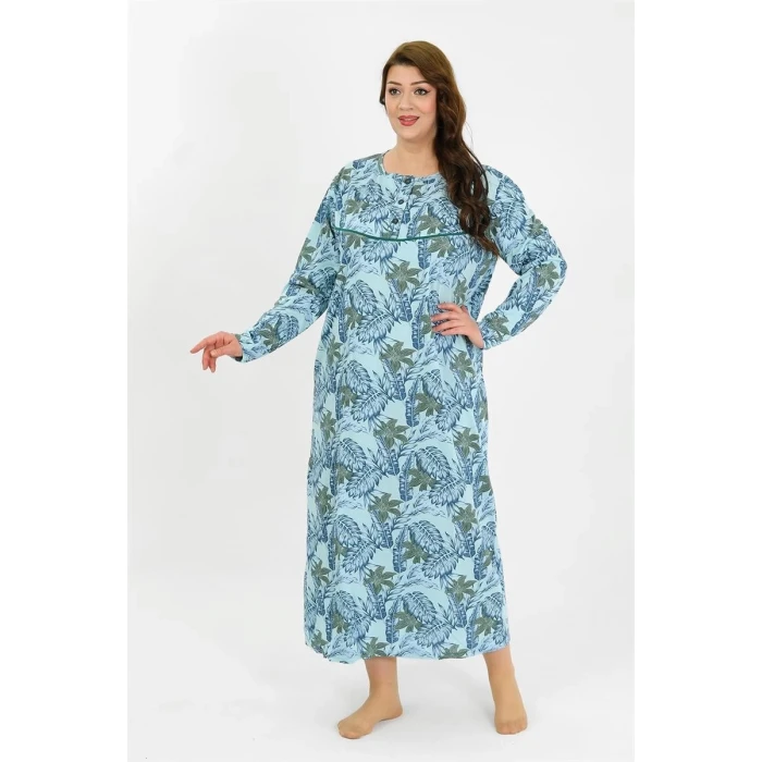 Giyim Kadın Büyük Beden Uzun Kol Mavi Anne Gecelik