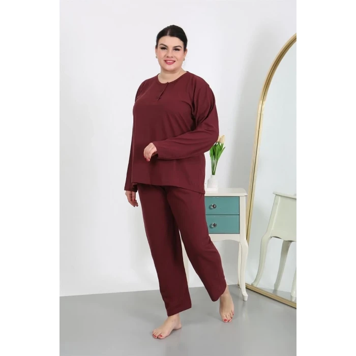 Giyim Kadın Büyük Beden Uzun Kol Penye Pijama Takımı Bordo