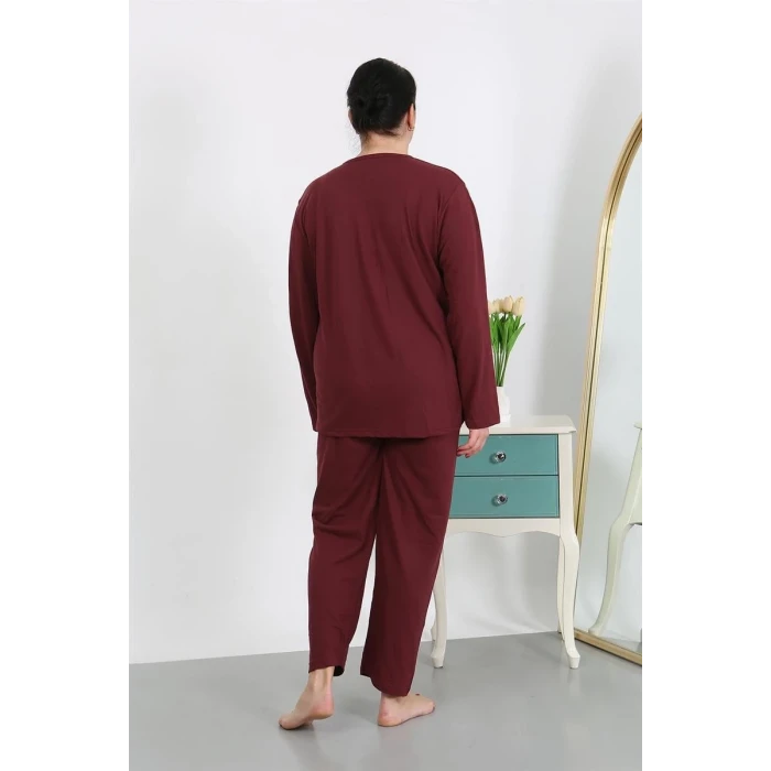 Giyim Kadın Büyük Beden Uzun Kol Penye Pijama Takımı Bordo