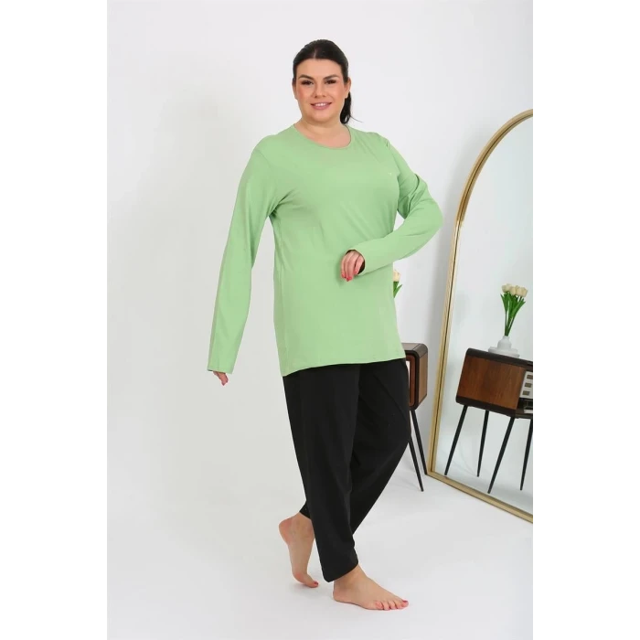 Giyim Kadın Büyük Beden Uzun Kol Penye Pijama Takımı Fıstık Yeşili