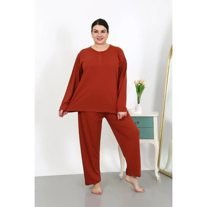 Giyim Kadın Büyük Beden Uzun Kol Penye Pijama Takımı Kiremit