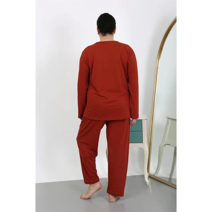 Giyim Kadın Büyük Beden Uzun Kol Penye Pijama Takımı Kiremit