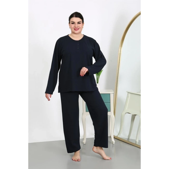 Giyim Kadın Büyük Beden Uzun Kol Penye Pijama Takımı Lacivert
