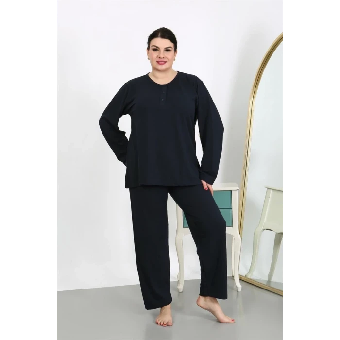Giyim Kadın Büyük Beden Uzun Kol Penye Pijama Takımı Lacivert