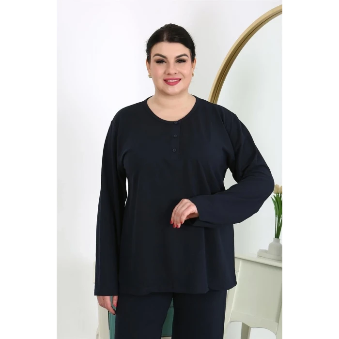 Giyim Kadın Büyük Beden Uzun Kol Penye Pijama Takımı Lacivert