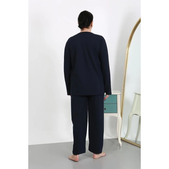 Giyim Kadın Büyük Beden Uzun Kol Penye Pijama Takımı Lacivert
