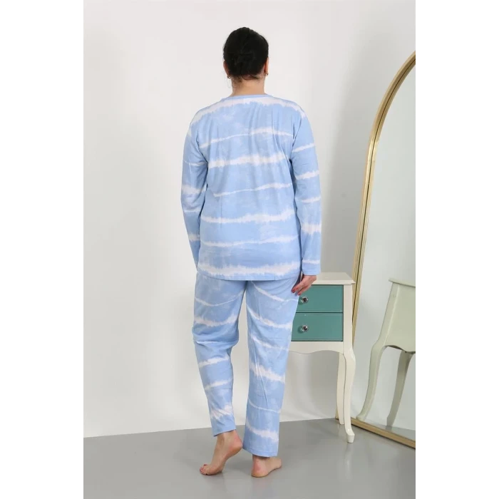 Giyim Kadın Büyük Beden Uzun Kol Penye Pijama Takımı Mavi