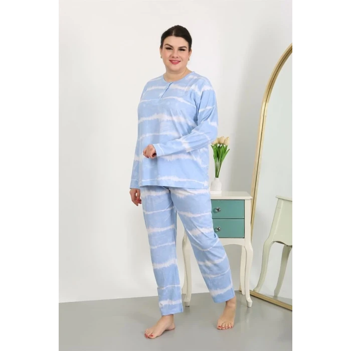 Giyim Kadın Büyük Beden Uzun Kol Penye Pijama Takımı Mavi