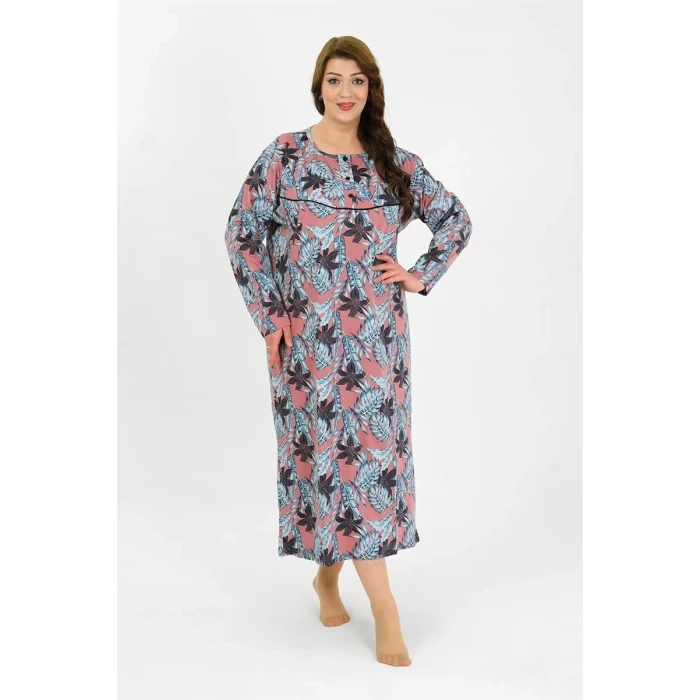 Giyim Kadın Büyük Beden Uzun Kol Somon Anne Gecelik