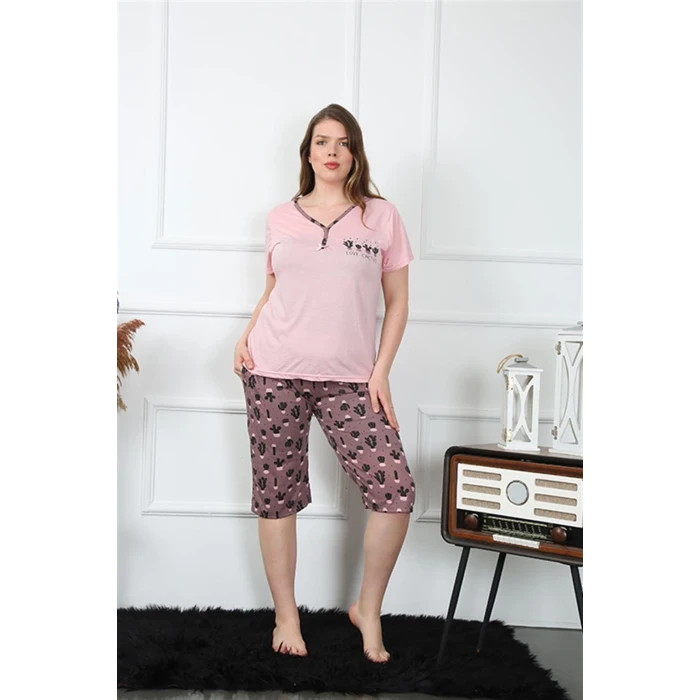 Giyim Kadın Büyük Beden Viscon Kapri Pijama Takım Pembe
