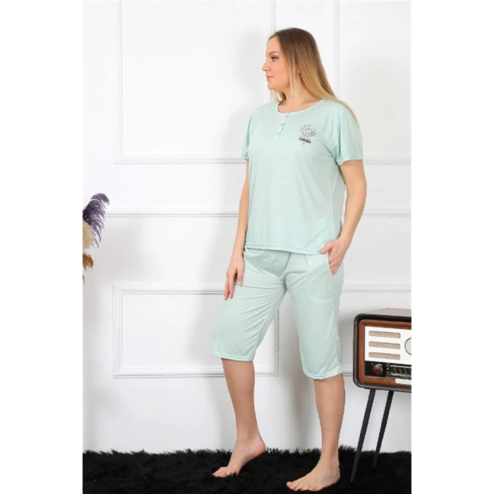 Giyim Kadın Büyük Beden Viscon Su Yeşili Kapri Pijama Takım