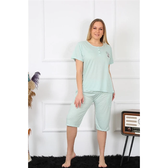 Giyim Kadın Büyük Beden Viscon Su Yeşili Kapri Pijama Takım