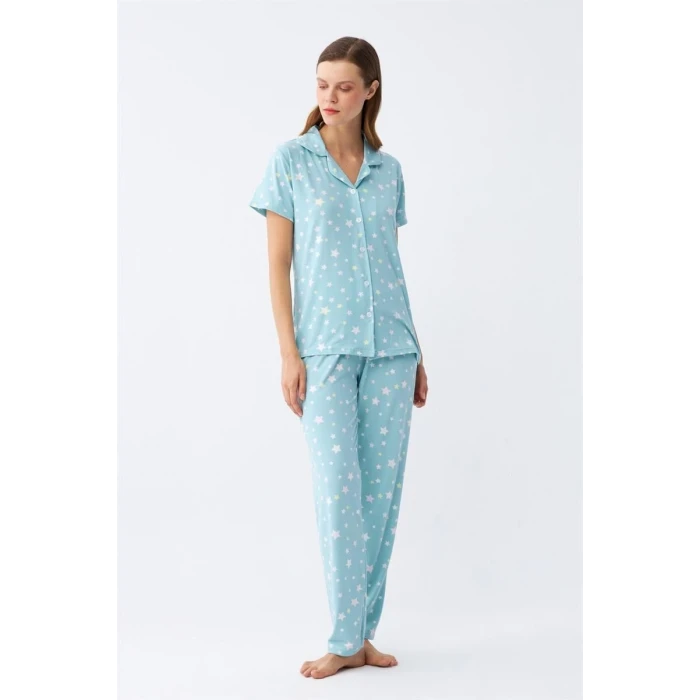 Giyim Kadın Buz Mavisi Yıldız Desenli Önden Düğmeli Pijama Takımı