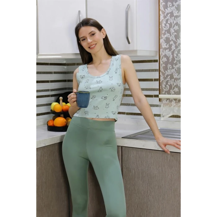 Giyim Kadın Crop Büstiyer Tayt Alt Üst Takım SuYeşili