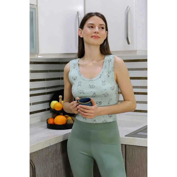 Giyim Kadın Crop Büstiyer Tayt Alt Üst Takım SuYeşili