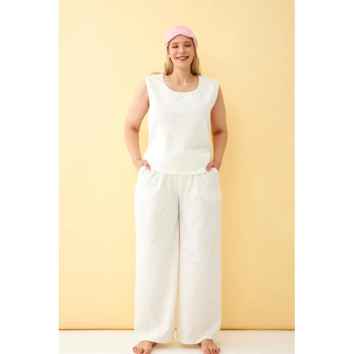 Giyim Kadın Ekru Keten Jakarlı Büyük Beden Alt Üst Takım