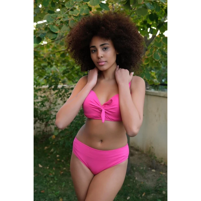 Giyim Kadın İçi Boş Fiyonklu Kaplı Fuşya Alt Üst Bikini Takım