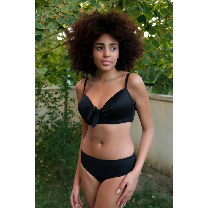 Giyim Kadın İçi Boş Fiyonklu Kaplı Siyah Alt Üst Bikini Takım