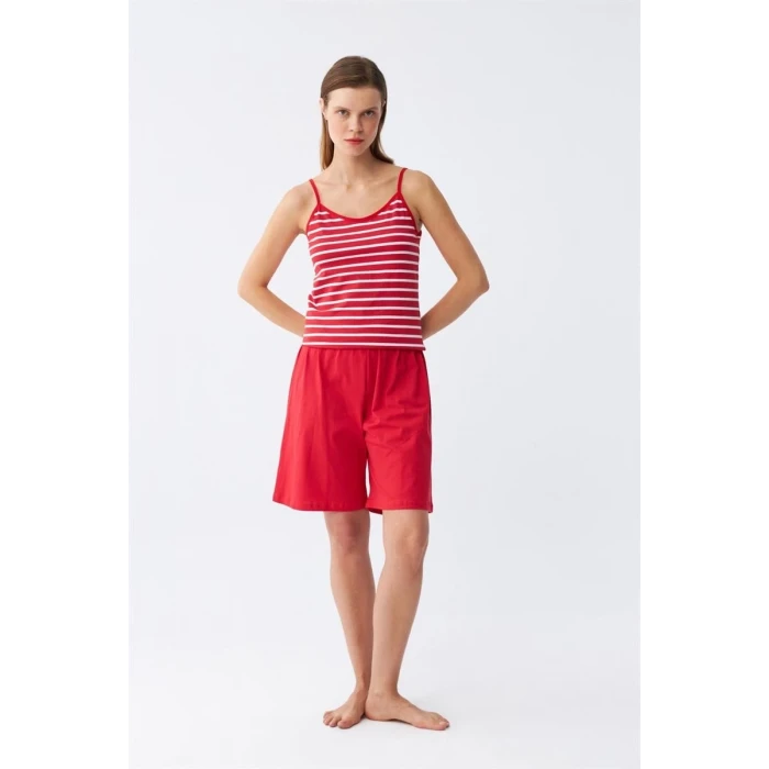 Giyim Kadın İp Askılı Pamuk Penye Şortlu Takım Kırmızı