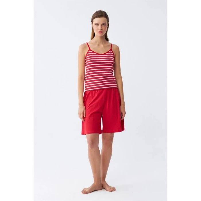 Giyim Kadın İp Askılı Pamuk Penye Şortlu Takım Kırmızı