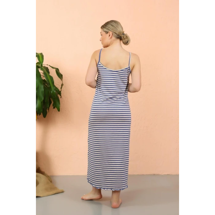 Giyim Kadın İp Askılı Yırtmaçlı Uzun Mavi Gecelik