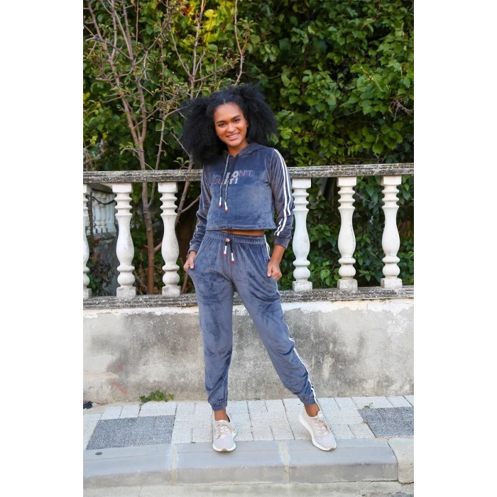 Giyim Kadın Kadife Kapşonlu Eşofman Takım Gri