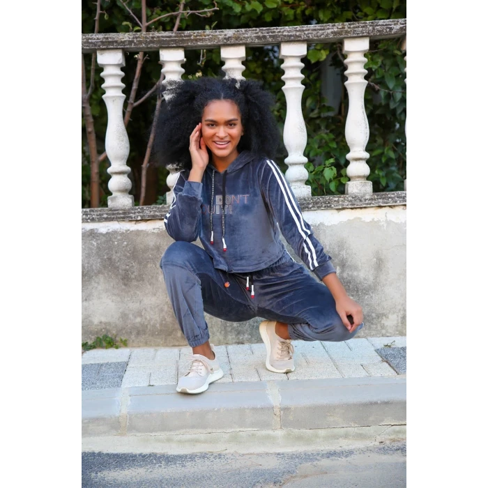 Giyim Kadın Kadife Kapşonlu Eşofman Takım Gri