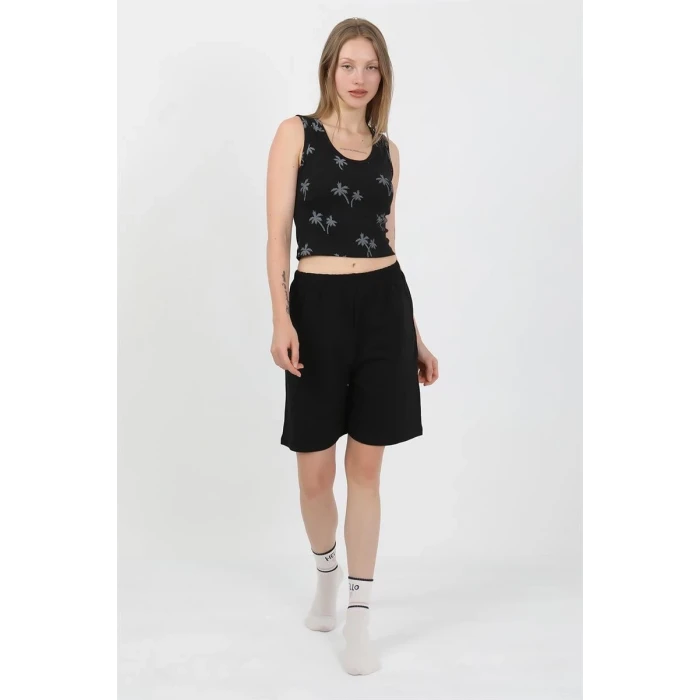 Giyim Kadın Kalın Askılı Pamuk Penye Şortlu Crop Takım Siyah