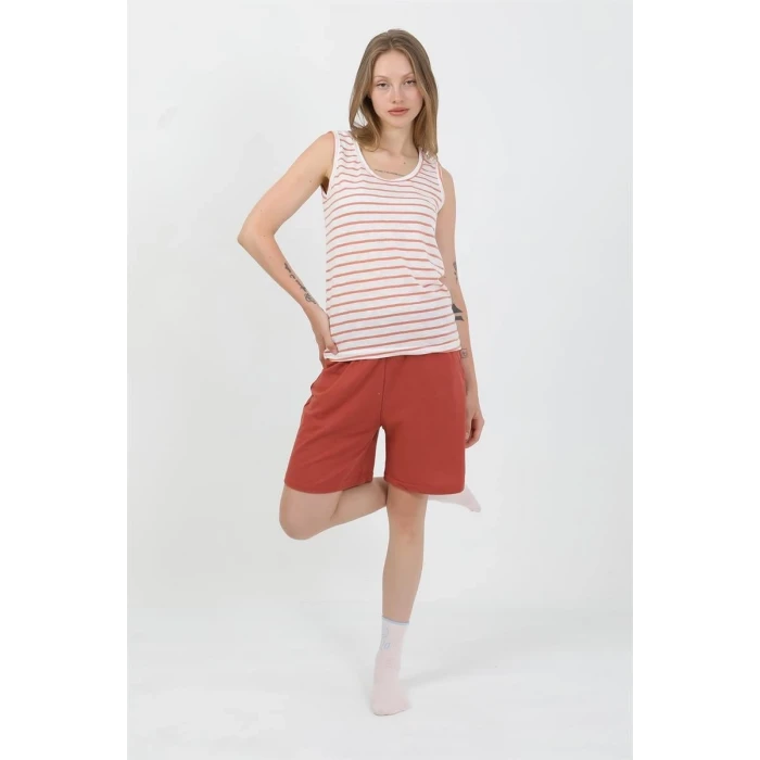 Giyim Kadın Kalın Askılı Pamuk Penye Şortlu Takım Turuncu