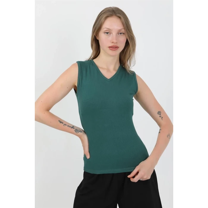 Giyim Kadın Kalın Askılı Pamuk Penye Şortlu Takım Yeşil